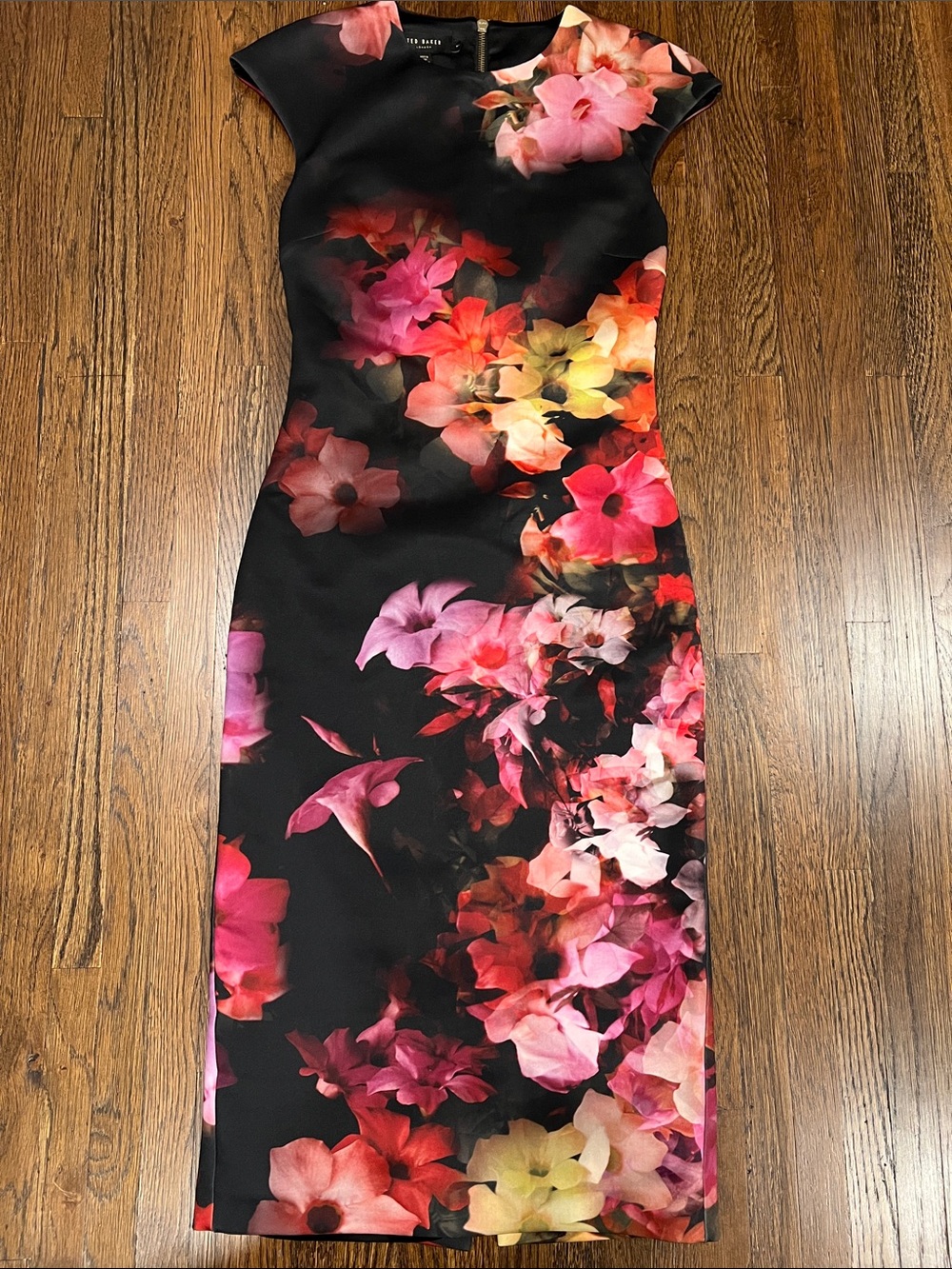 Ted Baker London Black Floral Midi Dress with Pink & Red Blooms - size 1
